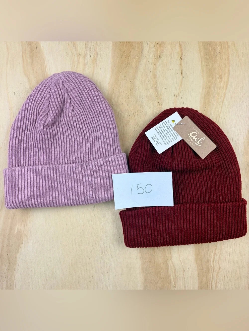 ⁠Cadeau de Ciel Women Winter Beanie Hat Ribbed Knit Cuffed Lot Purple Burgundy⁠